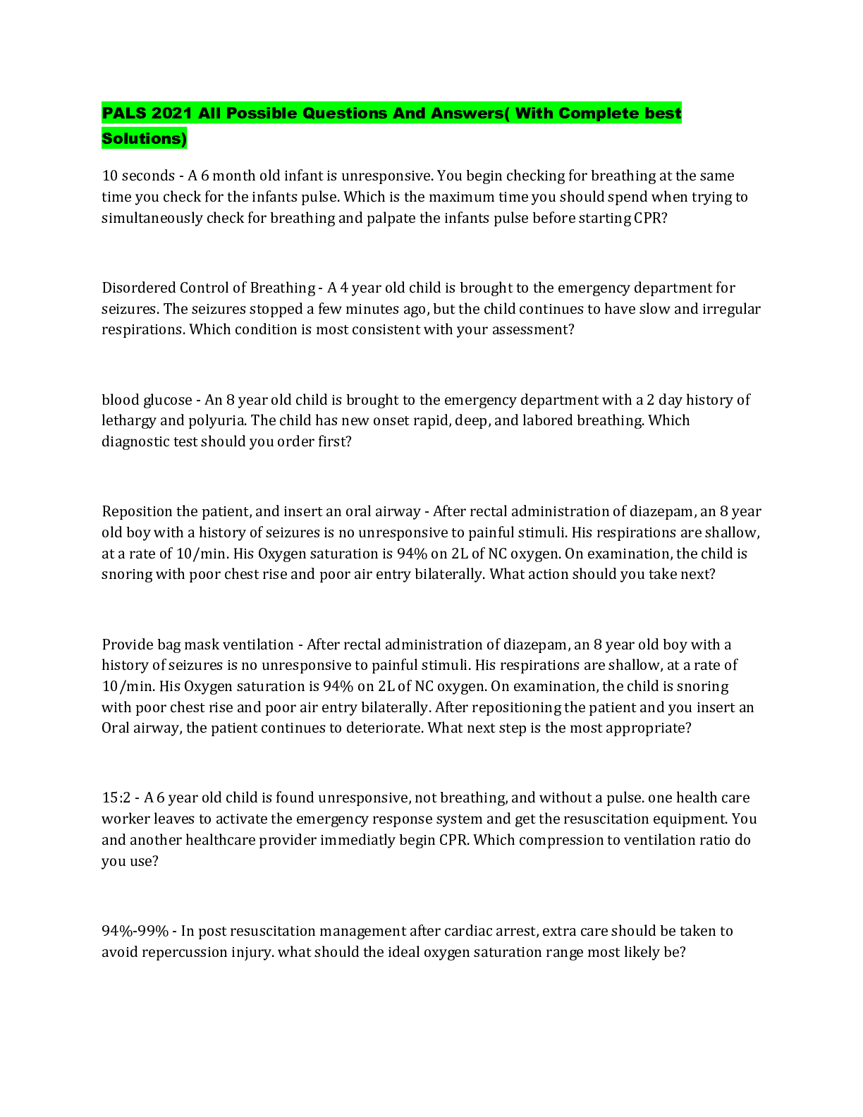 Preview image for PALS 2021 All Possible Questions And Answers( With Complete best  Solutions)